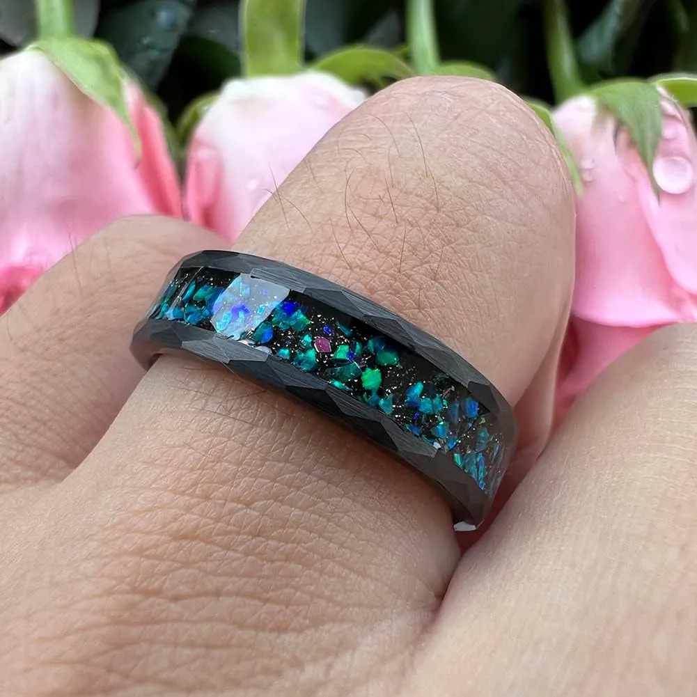6mm 8mm Silver/Black Hammered Tungsten Rings for Men Women Couple Genuine Galaxy Opal Inlay Fashion Jewelry Engagement Wedding Bands Matte Finish Comfort Fit