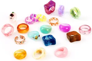 AIDSOTOU 20 Pcs Acrylic Cute Trendy Colorful Rhinestone Stackable Chunky Rings for Women