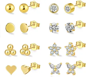 BMMYE 4/6/8Pcs Sterling Silver Stud Earrings for Women Hypoallergenic Cubic Zirconia Earrings Studs Small Gold Studs Earrings for Women Gift