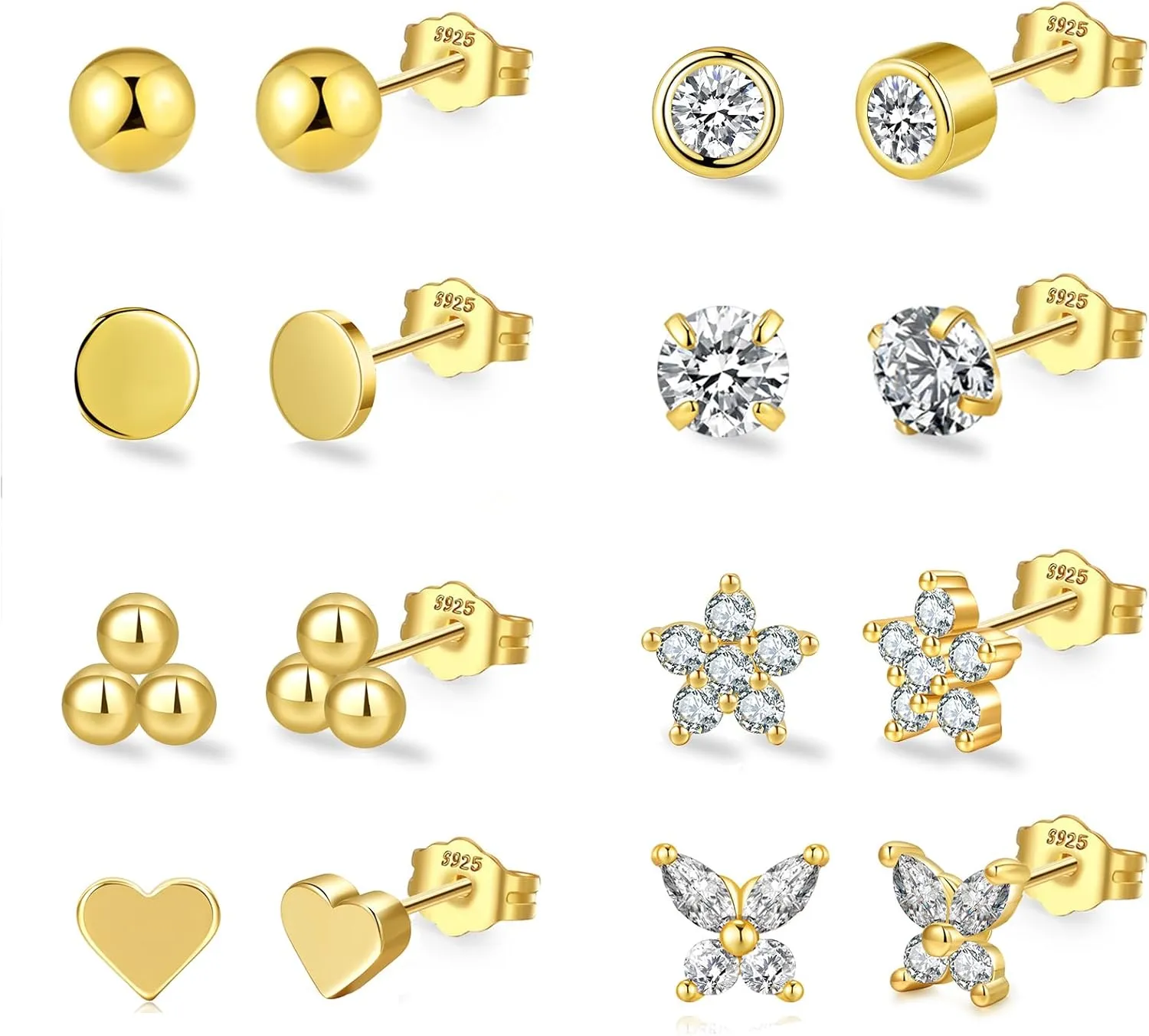 BMMYE 4/6/8Pcs Sterling Silver Stud Earrings for Women Hypoallergenic Cubic Zirconia Earrings Studs Small Gold Studs Earrings for Women Gift