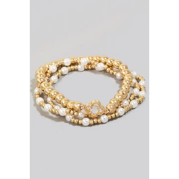 Clover Charm & Pearl Beaded Bracelet Set