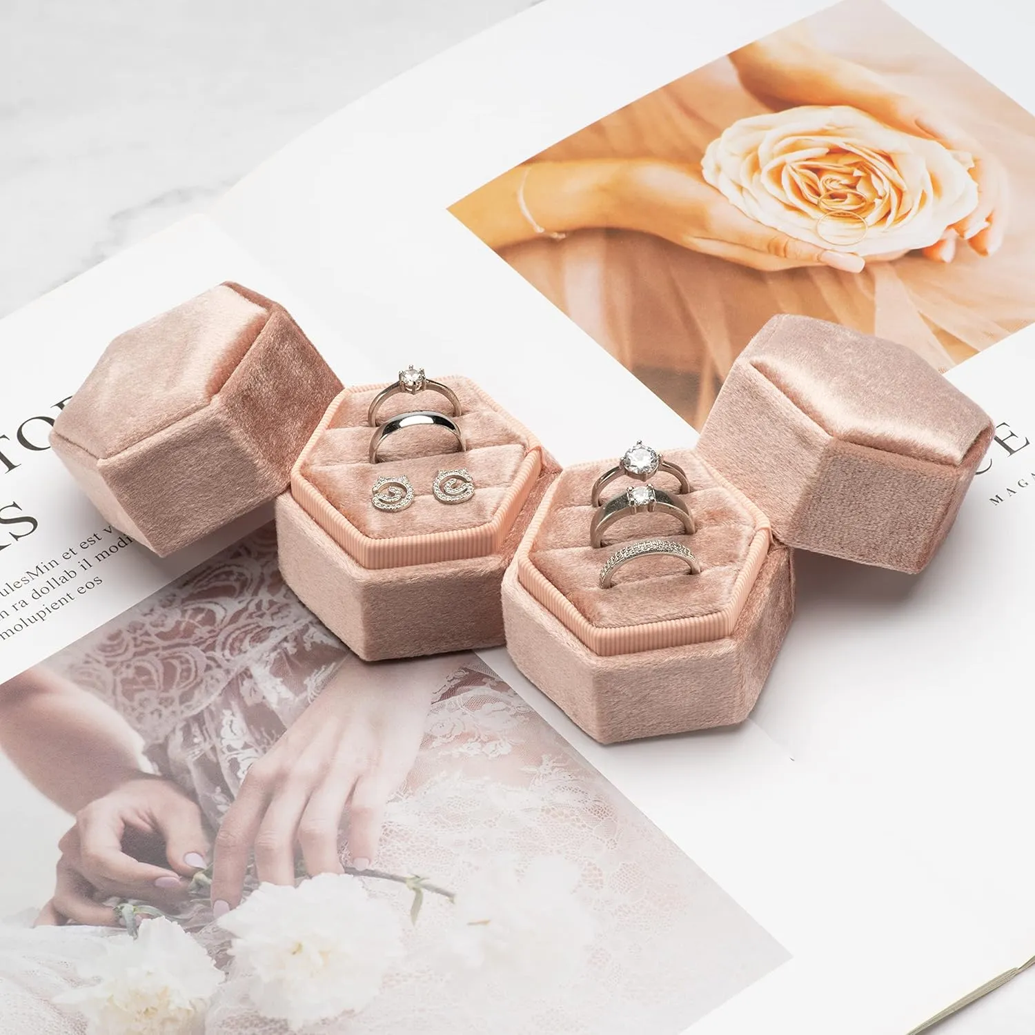Equal Hexagon Velvet Ring Box Storage 3 Slots for Wedding Ceremony Proposal Engagement Birthday (Blush Peach)