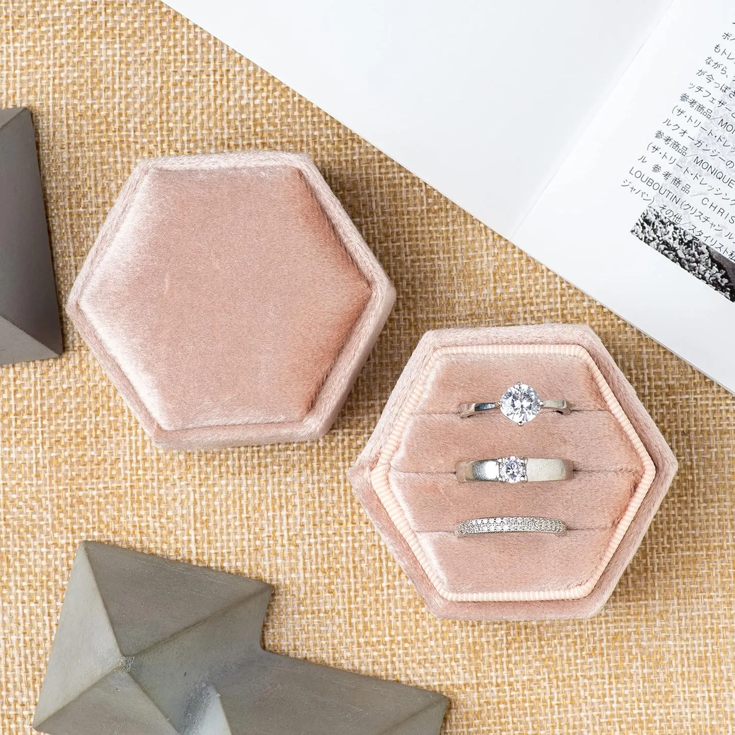 Equal Hexagon Velvet Ring Box Storage 3 Slots for Wedding Ceremony Proposal Engagement Birthday (Blush Peach)