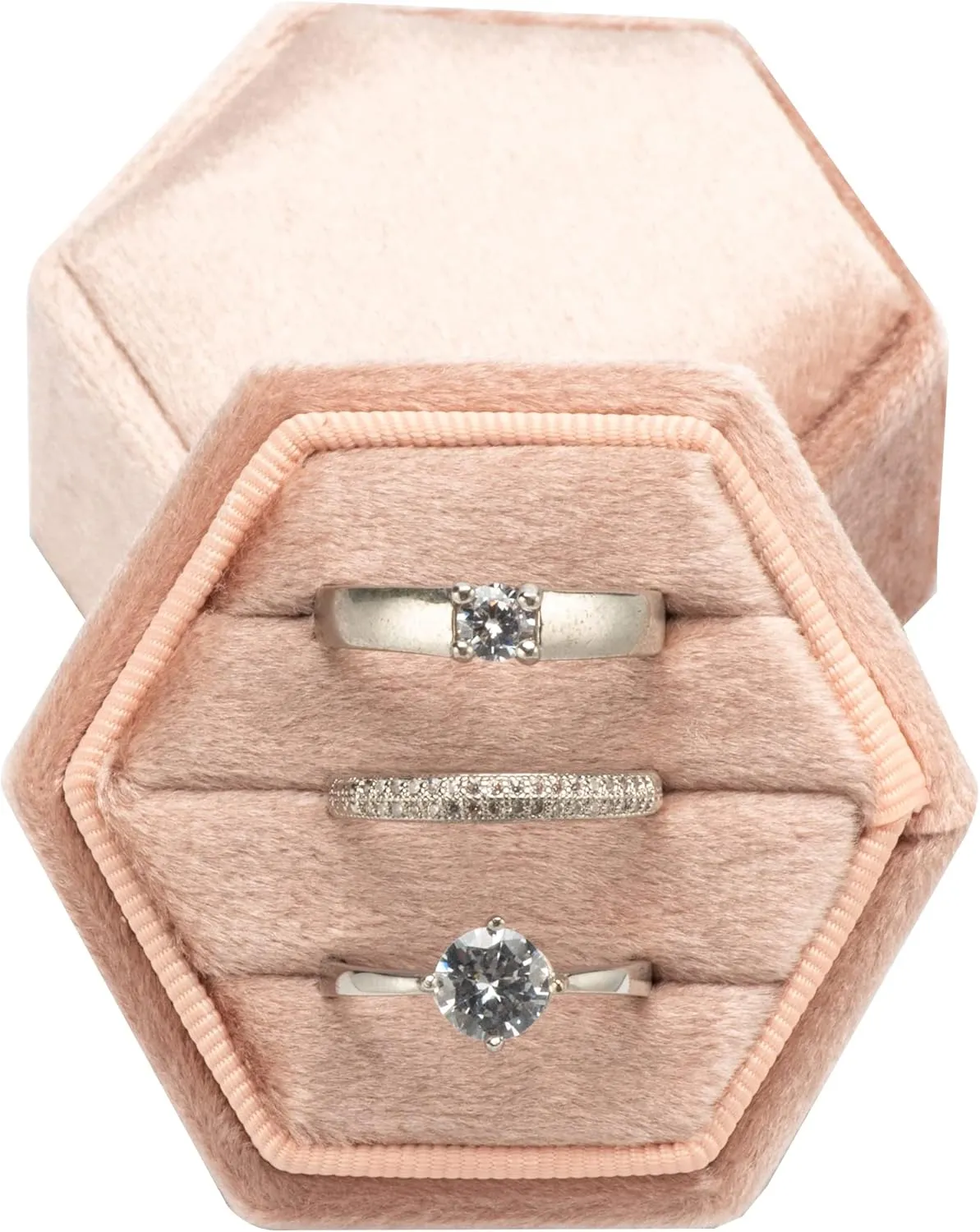 Equal Hexagon Velvet Ring Box Storage 3 Slots for Wedding Ceremony Proposal Engagement Birthday (Blush Peach)