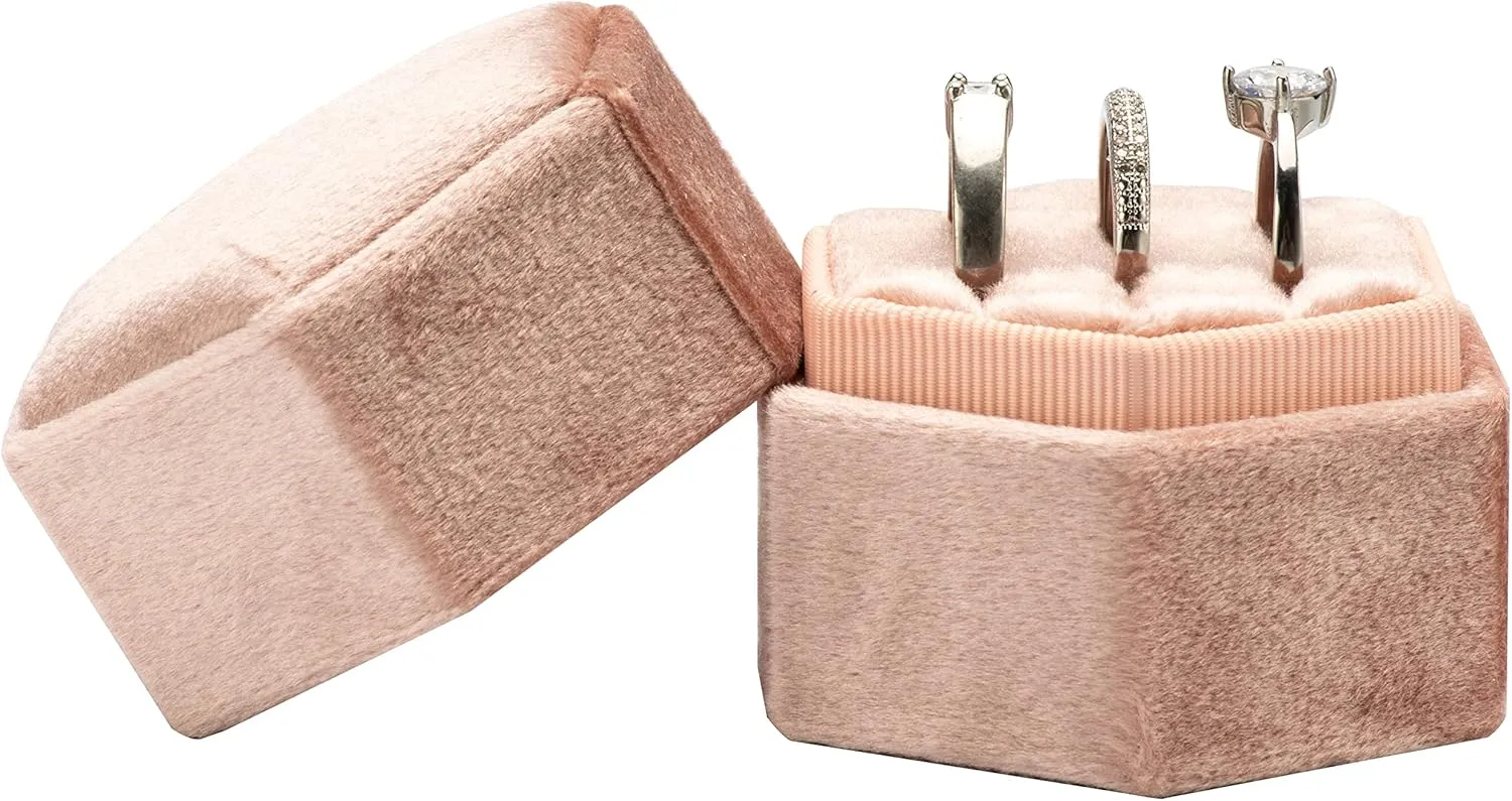 Equal Hexagon Velvet Ring Box Storage 3 Slots for Wedding Ceremony Proposal Engagement Birthday (Blush Peach)