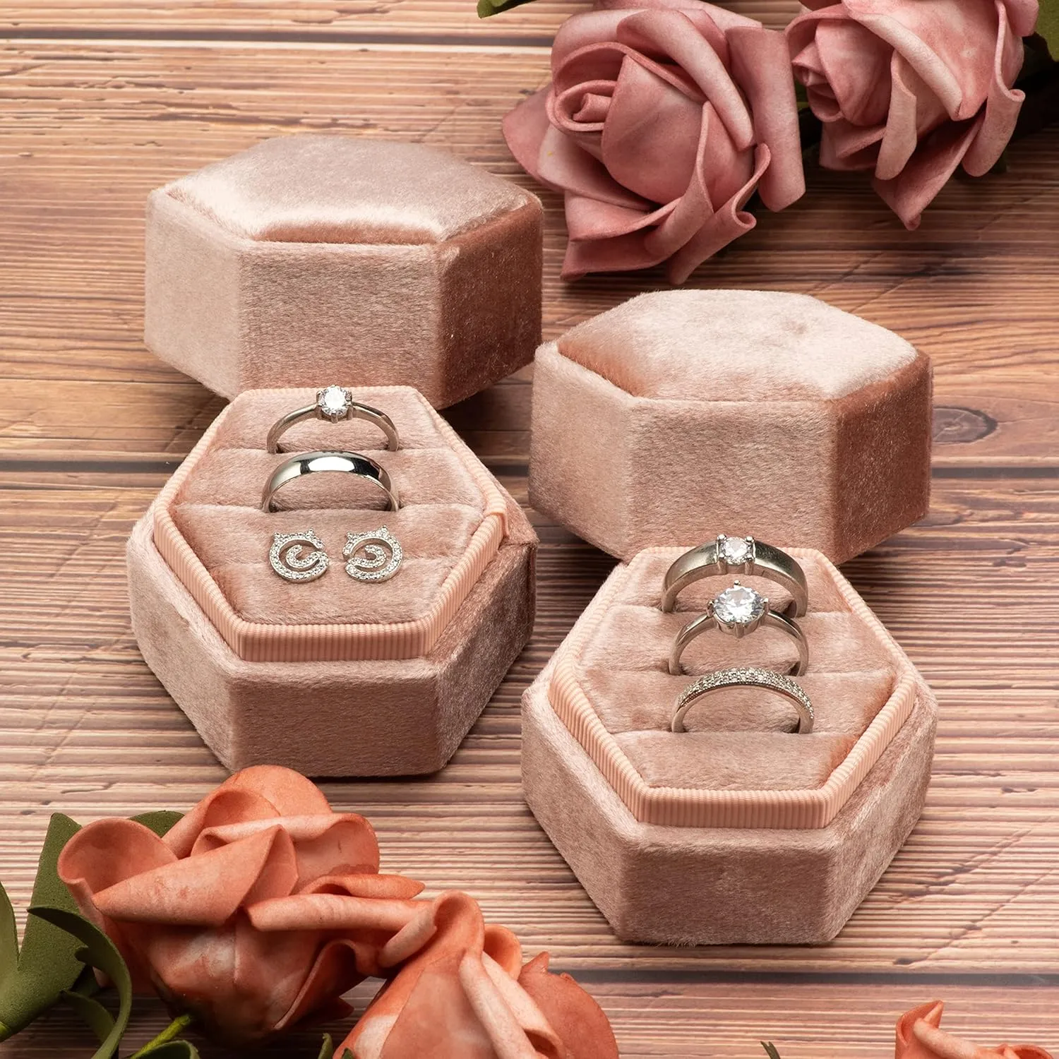 Equal Hexagon Velvet Ring Box Storage 3 Slots for Wedding Ceremony Proposal Engagement Birthday (Blush Peach)