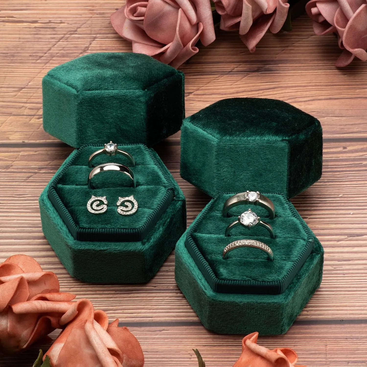 Equal Hexagon Velvet Ring Box Storage 3 Slots for Wedding Ceremony Proposal Engagement Birthday (Green)