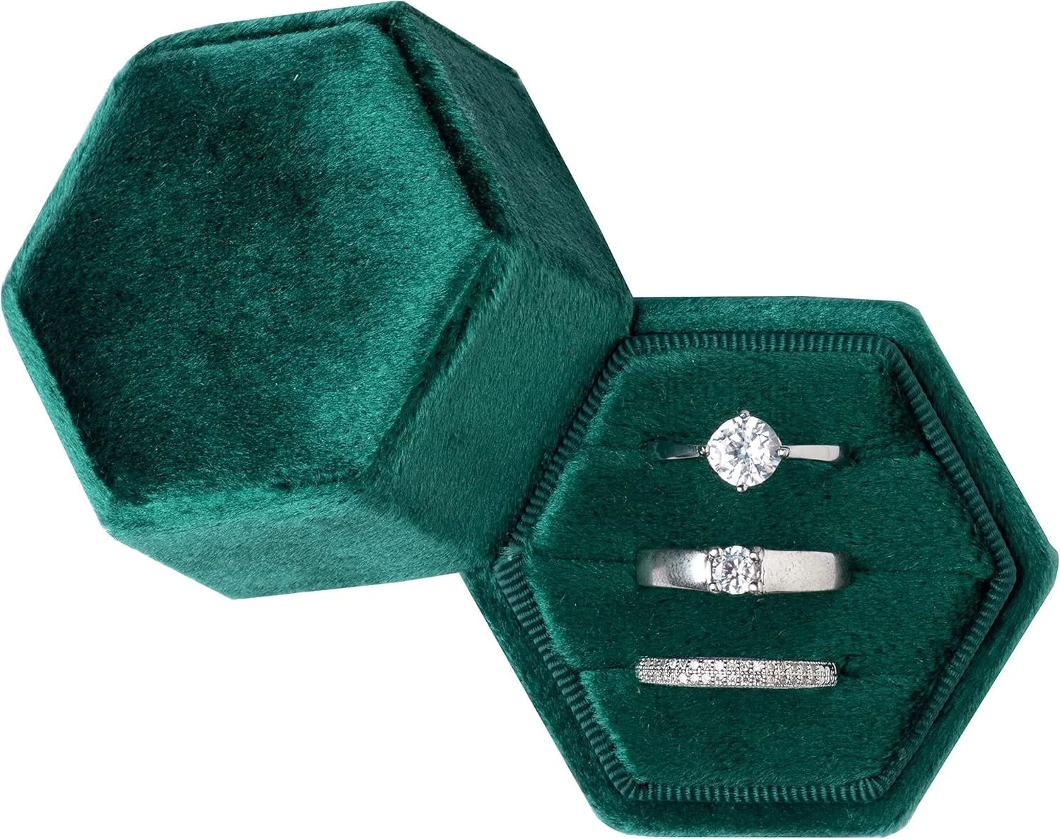 Equal Hexagon Velvet Ring Box Storage 3 Slots for Wedding Ceremony Proposal Engagement Birthday (Green)