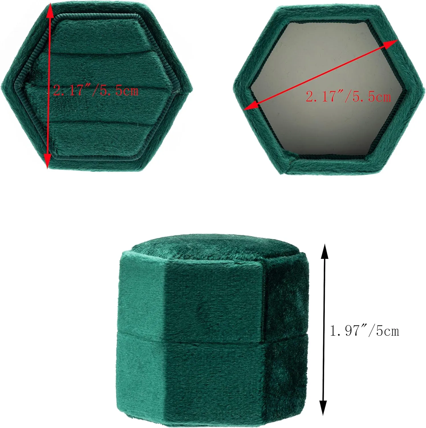 Equal Hexagon Velvet Ring Box Storage 3 Slots for Wedding Ceremony Proposal Engagement Birthday (Green)
