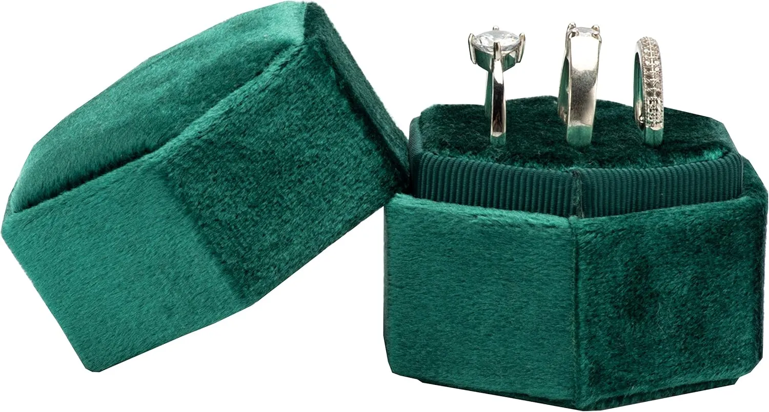 Equal Hexagon Velvet Ring Box Storage 3 Slots for Wedding Ceremony Proposal Engagement Birthday (Green)