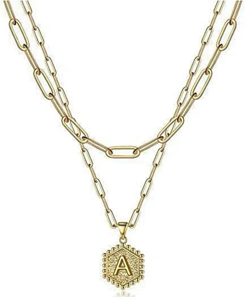 FTKV- 14K initial necklaces for women- Cute Hexagonal Letters initial Women's Necklace- Gold Multi Layers Necklace- Women's Jewellery Gifts