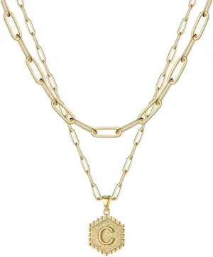 FTKV- 14K initial necklaces for women- Cute Hexagonal Letters initial Women's Necklace- Gold Multi Layers Necklace- Women's Jewellery Gifts