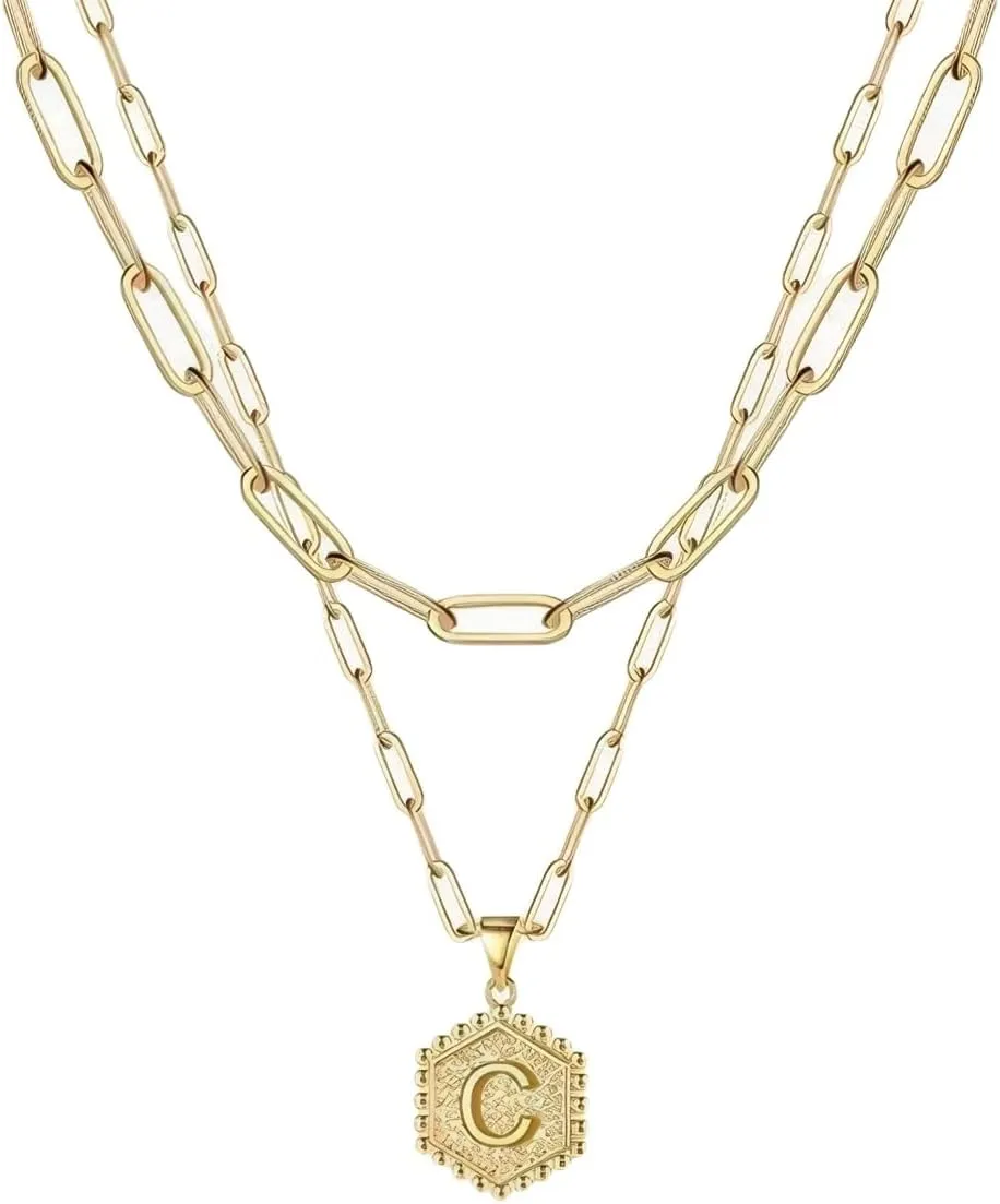 FTKV- 14K initial necklaces for women- Cute Hexagonal Letters initial Women's Necklace- Gold Multi Layers Necklace- Women's Jewellery Gifts