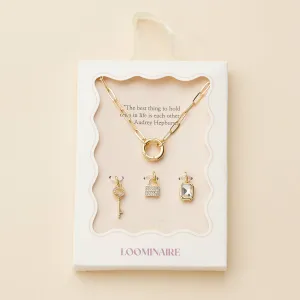 Gold Dipped Charm Necklace with Key and Gemstone Accents