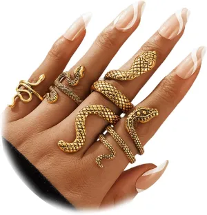 Harry and Henry Snake Ring Set - Adjustable Vintage Reptile Serpent Stackable Rings for Women - Punk Knuckle Rings - Jewelry for Halloween Medusa Costume Cosplay Accessories