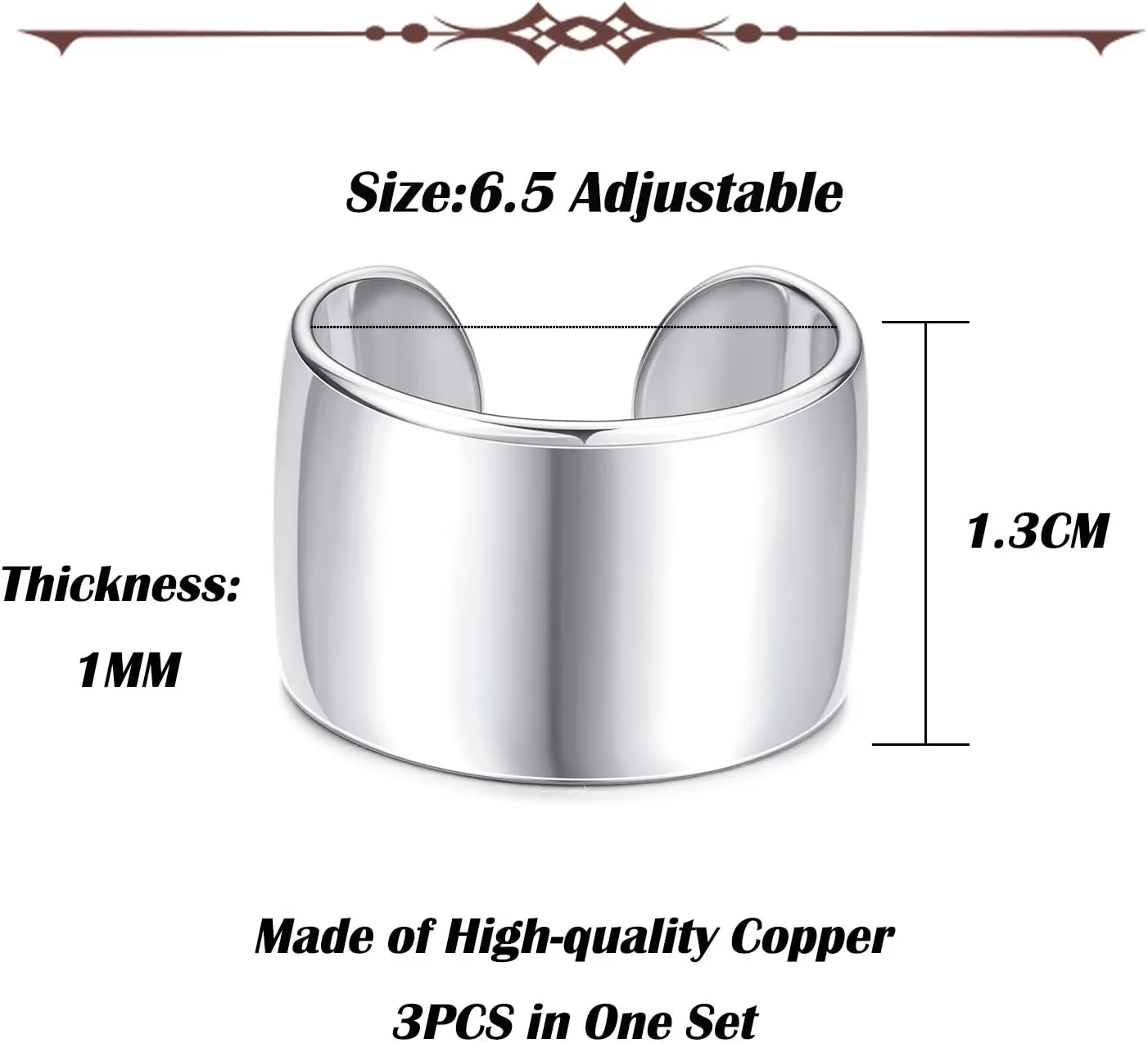 JOERICA 3PCS Adjustable Band Rings for Women Men Open Cuff Knuckle Rings Flat Plain Wide Band Ring Set