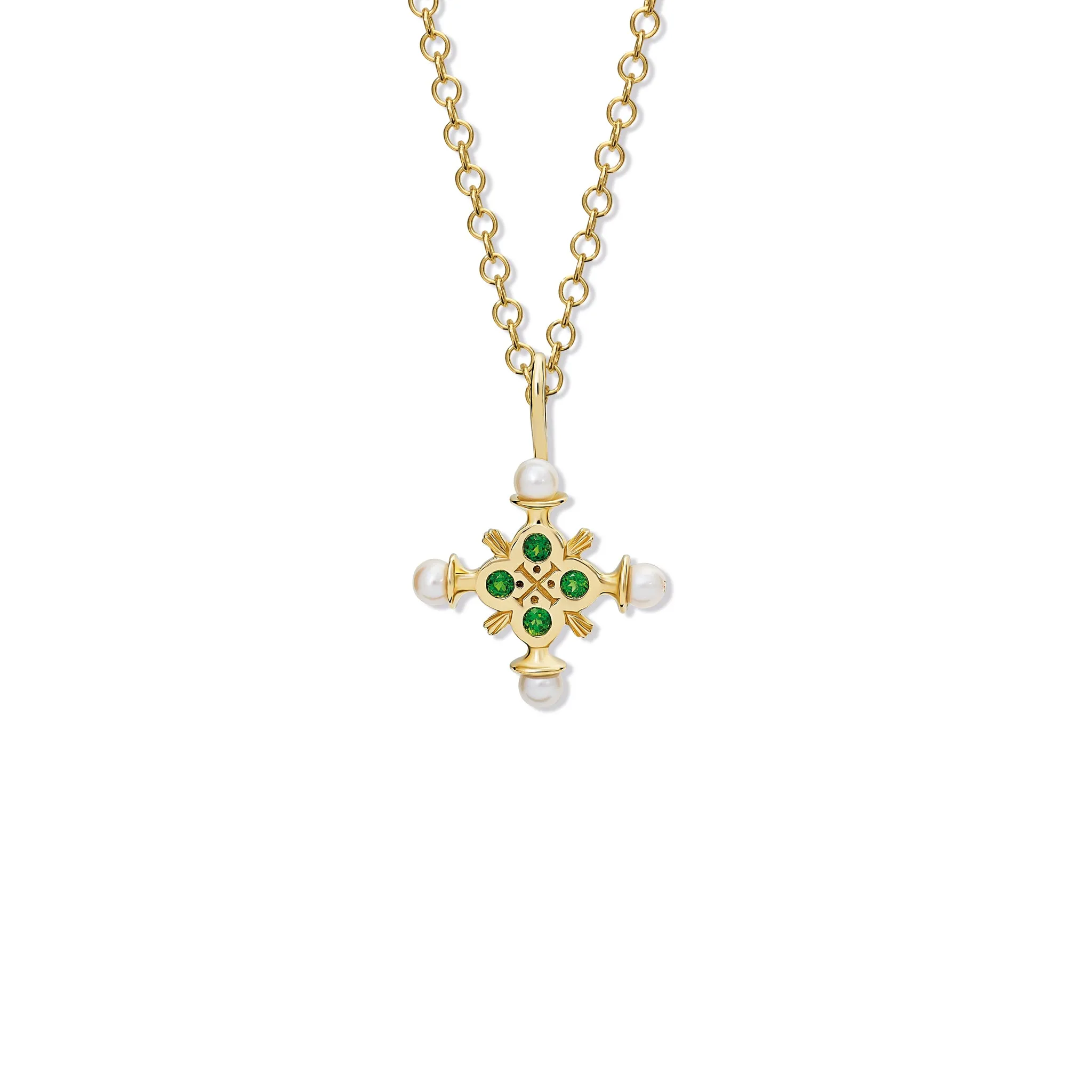 Madrid Small Cross Pendant Yellow Gold - Chrome Diopside & Pearl