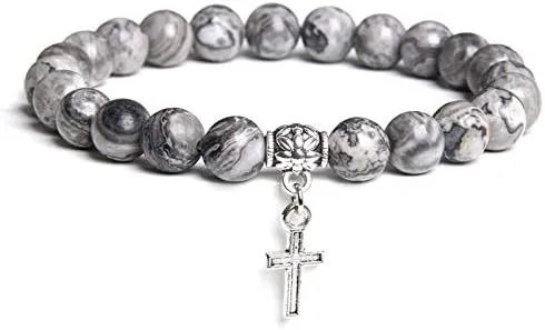 Men Beads Bracelet Slivers Color Cross Pendant Bracelet Natural Stone Bracelets Charm for Women Healing Prayer Jewelry (Metal Color: Map stone - Length: 23CM)
