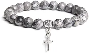 Men Beads Bracelet Slivers Color Cross Pendant Bracelet Natural Stone Bracelets Charm for Women Healing Prayer Jewelry (Metal Color: Map stone - Length: 23CM)