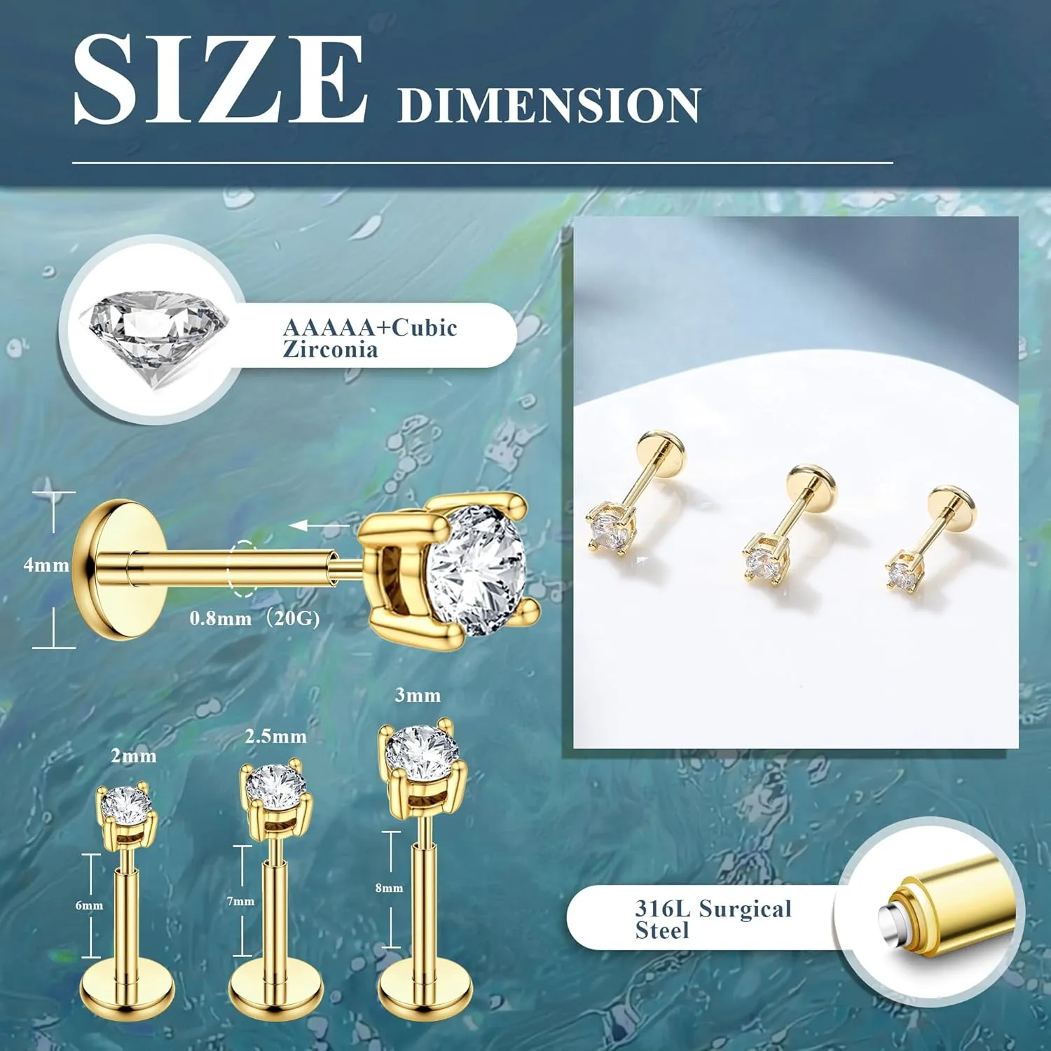 MILACOLATO 20G Threadless Flat Back Earrings Studs Hypoallergenic 316L Surgical Steel Push in Nose Rings 14K Gold Plated Nose Rings Studs Tragus Medusa Monroe Helix Labret Lip Nostril Cartilage Piercing Jewelry