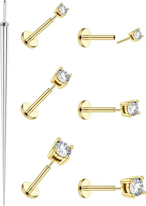 MILACOLATO 20G Threadless Flat Back Earrings Studs Hypoallergenic 316L Surgical Steel Push in Nose Rings 14K Gold Plated Nose Rings Studs Tragus Medusa Monroe Helix Labret Lip Nostril Cartilage Piercing Jewelry