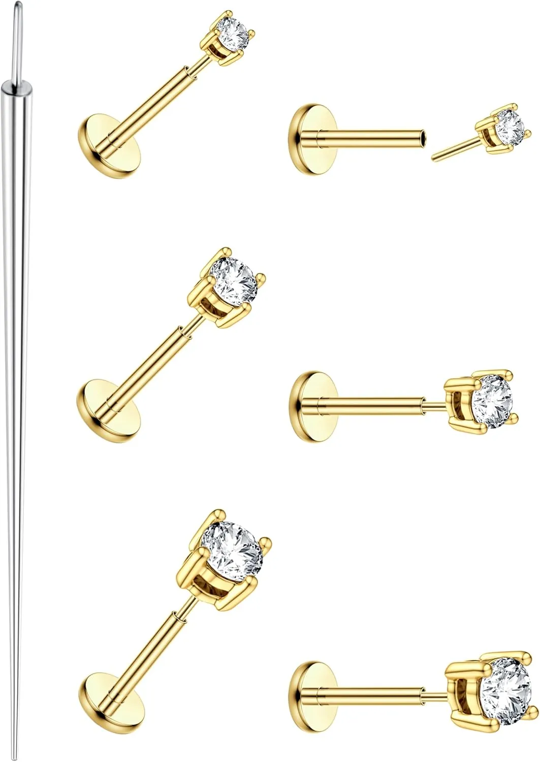 MILACOLATO 20G Threadless Flat Back Earrings Studs Hypoallergenic 316L Surgical Steel Push in Nose Rings 14K Gold Plated Nose Rings Studs Tragus Medusa Monroe Helix Labret Lip Nostril Cartilage Piercing Jewelry