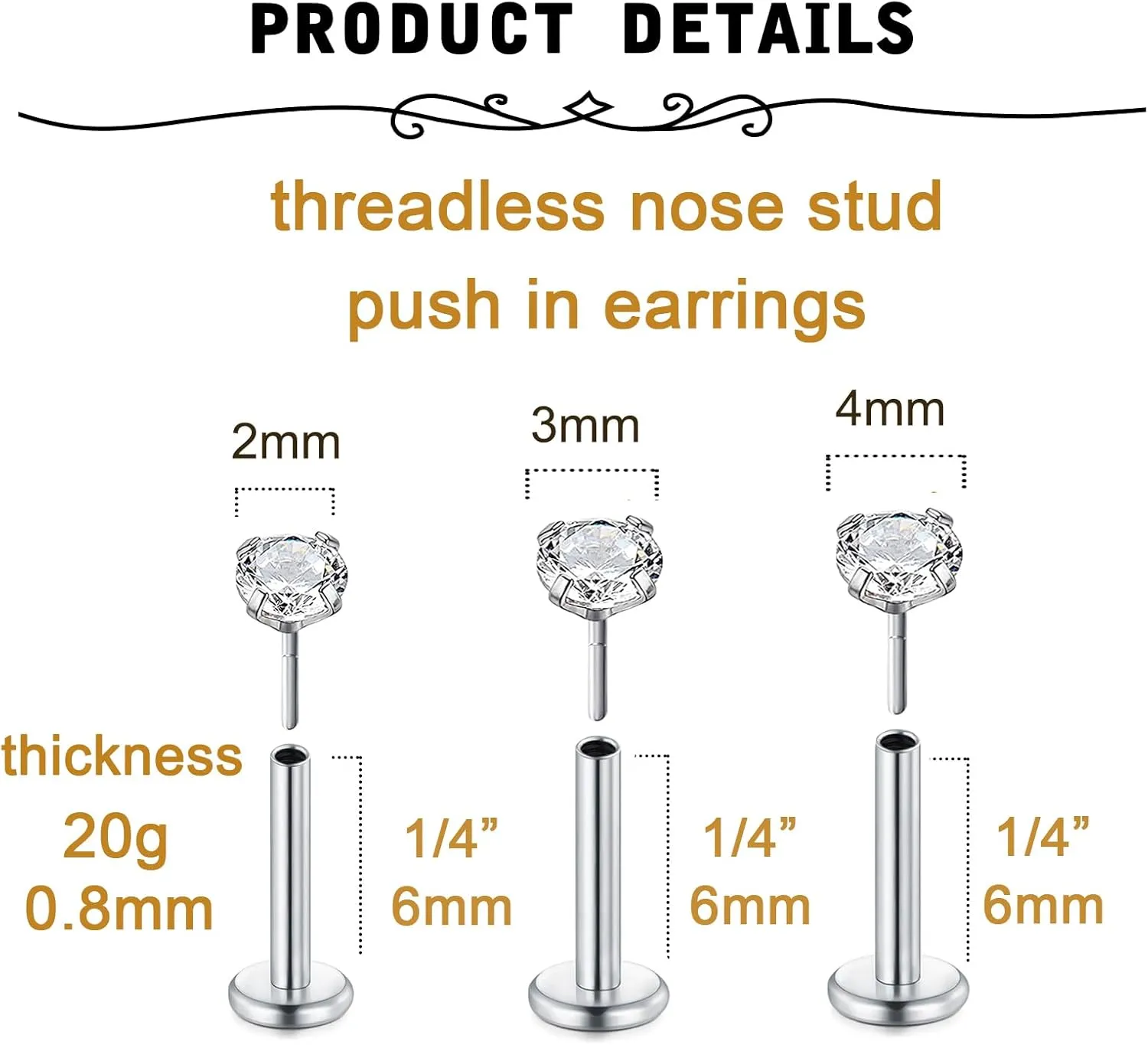 MODRSA Nose Studs 18g & 20g - L-Shaped Surgical Stainless Steel Diamond Studs for Women & Men - Corkscrew Nose Rings