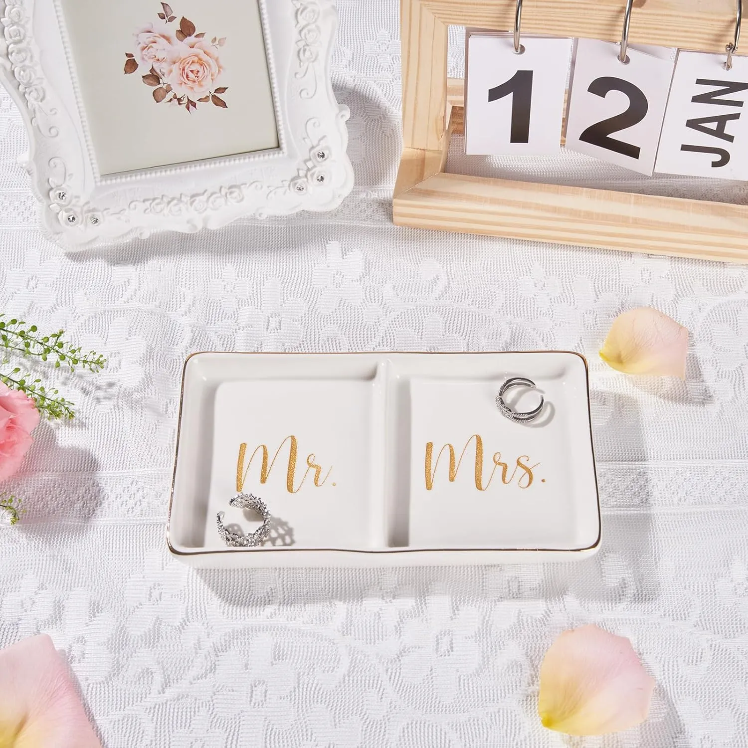 Mr. & Mrs. Ring Dish Engagement Wedding Ring Holder Gift for Future Mrs. / Newlywed - Her Engagement Wedding Gifts for Newly Engaged Couples Bridal Shower Gifts for Bride to be