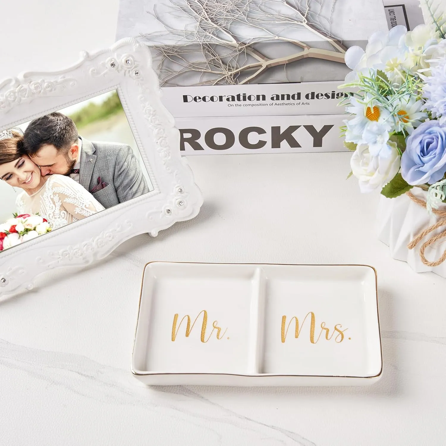 Mr. & Mrs. Ring Dish Engagement Wedding Ring Holder Gift for Future Mrs. / Newlywed - Her Engagement Wedding Gifts for Newly Engaged Couples Bridal Shower Gifts for Bride to be