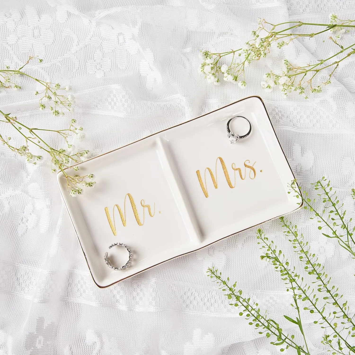 Mr. & Mrs. Ring Dish Engagement Wedding Ring Holder Gift for Future Mrs. / Newlywed - Her Engagement Wedding Gifts for Newly Engaged Couples Bridal Shower Gifts for Bride to be