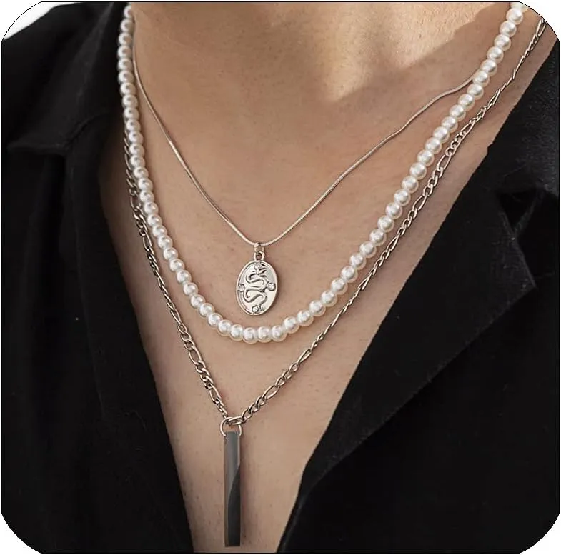 Pearl Necklace for Men Layered Cuban Link Cross Necklaces Mens Stainless Steel Chain Faux Pearl Choker Compass Pendant 3PCS Necklaces Set for Men Women Jewelry Gift for Boyfriend Husband Son