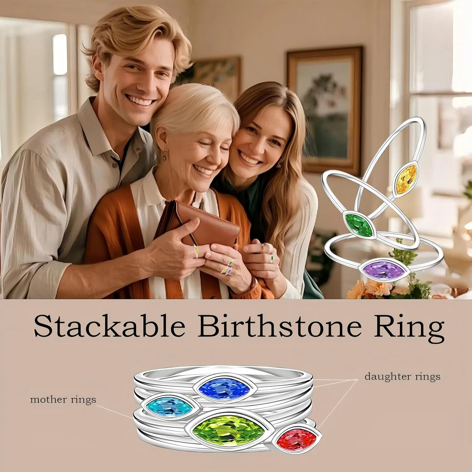 Stackable Birthstone Ring for Mother - 925 sterling silver 12 Month Birthstone Ring Mother Daughter Rings Mothers Day Stackable Birthstone Jewelry Gifts for Women