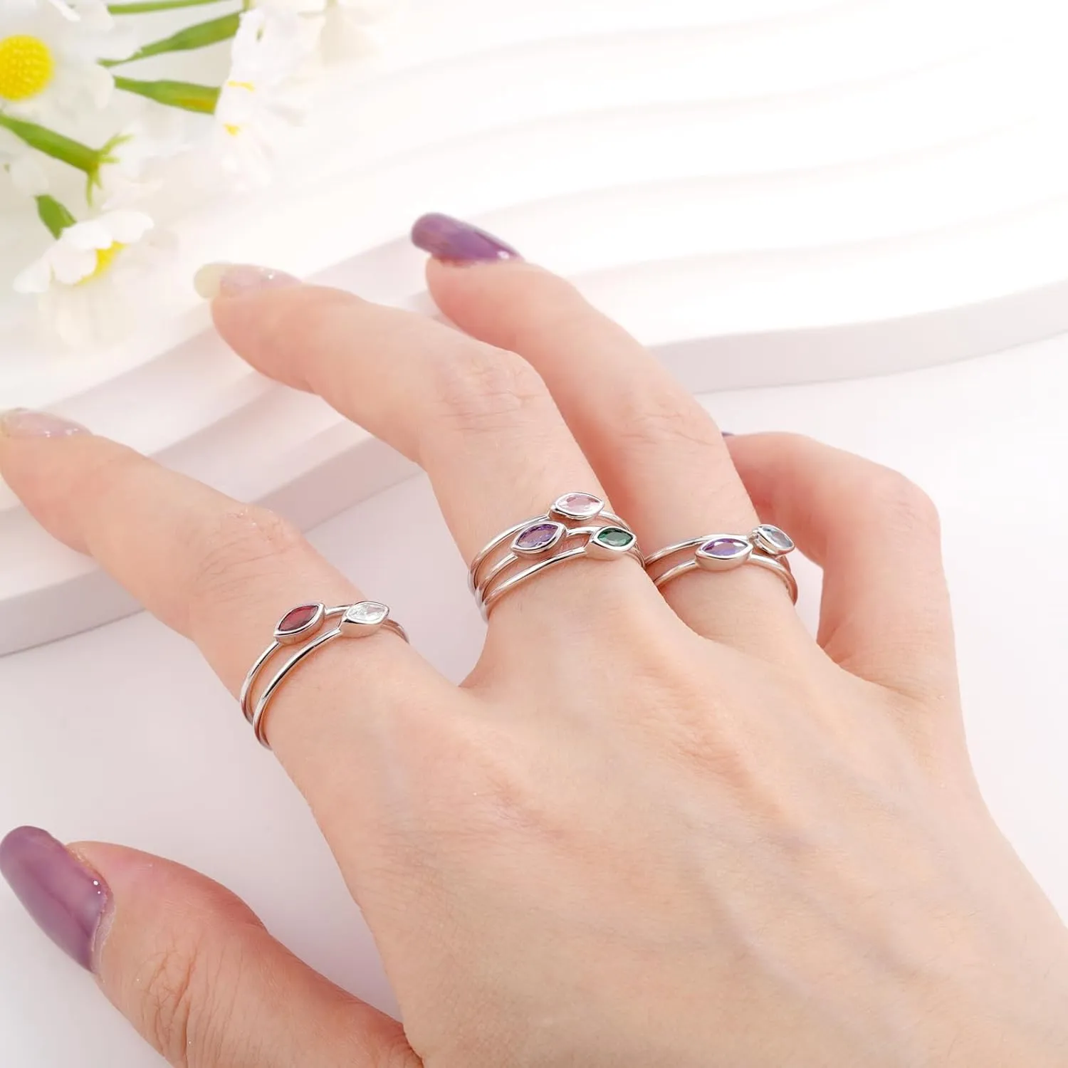 Stackable Birthstone Ring for Mother - 925 sterling silver 12 Month Birthstone Ring Mother Daughter Rings Mothers Day Stackable Birthstone Jewelry Gifts for Women