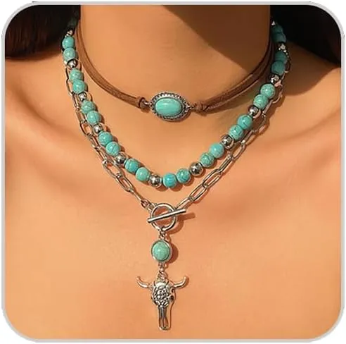 Western Necklaces for Women Turquoise Beaded Layered Chain Necklaces Boho Cowgirl Hat Boots Pendant Western Necklace Country Concert Cowgirl Dresses Accessories