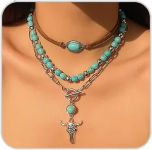 Western Necklaces for Women Turquoise Beaded Layered Chain Necklaces Boho Cowgirl Hat Boots Pendant Western Necklace Country Concert Cowgirl Dresses Accessories