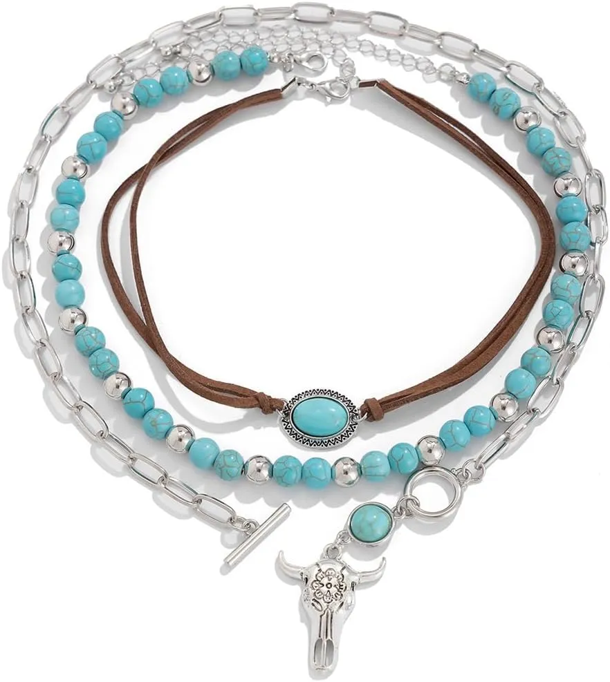 Western Necklaces for Women Turquoise Beaded Layered Chain Necklaces Boho Cowgirl Hat Boots Pendant Western Necklace Country Concert Cowgirl Dresses Accessories