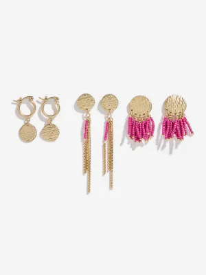 Westside Accessories Gold & Pink Textured and Beaded Dangler Earrings Set - Pack of 3