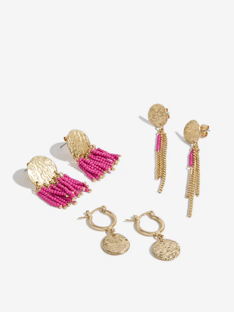 Westside Accessories Gold & Pink Textured and Beaded Dangler Earrings Set - Pack of 3