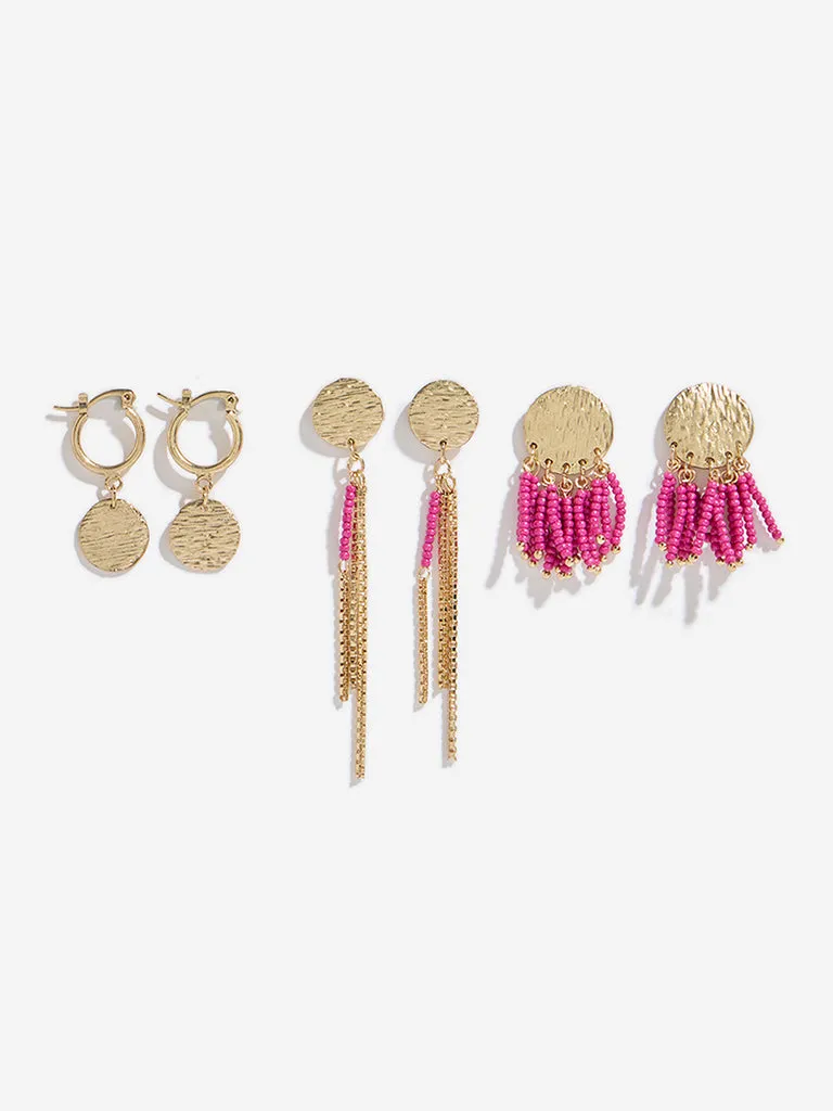 Westside Accessories Gold & Pink Textured and Beaded Dangler Earrings Set - Pack of 3