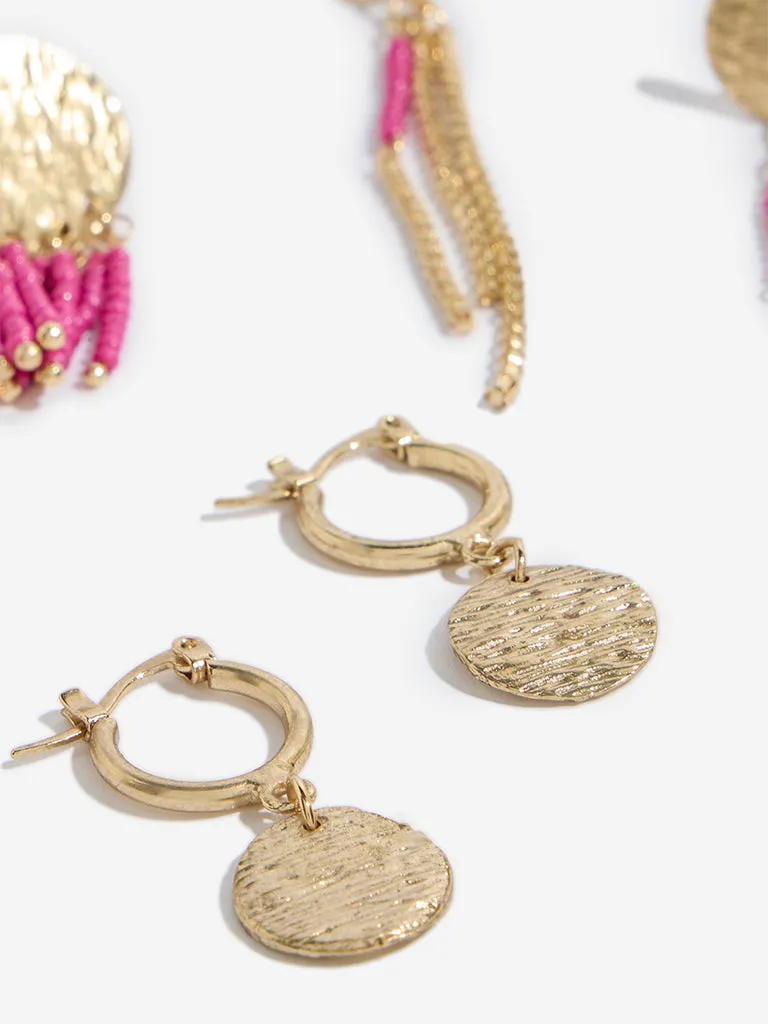Westside Accessories Gold & Pink Textured and Beaded Dangler Earrings Set - Pack of 3